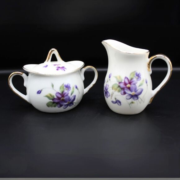 Vintage Porcelain Creamer Sugar Bowl Set with Lid Royal Sealy Japan Purple Gold